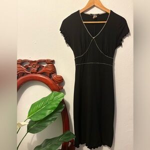 Vintage B Moss Stretch Black Tie Back Midi Dress with White Accent Stitching